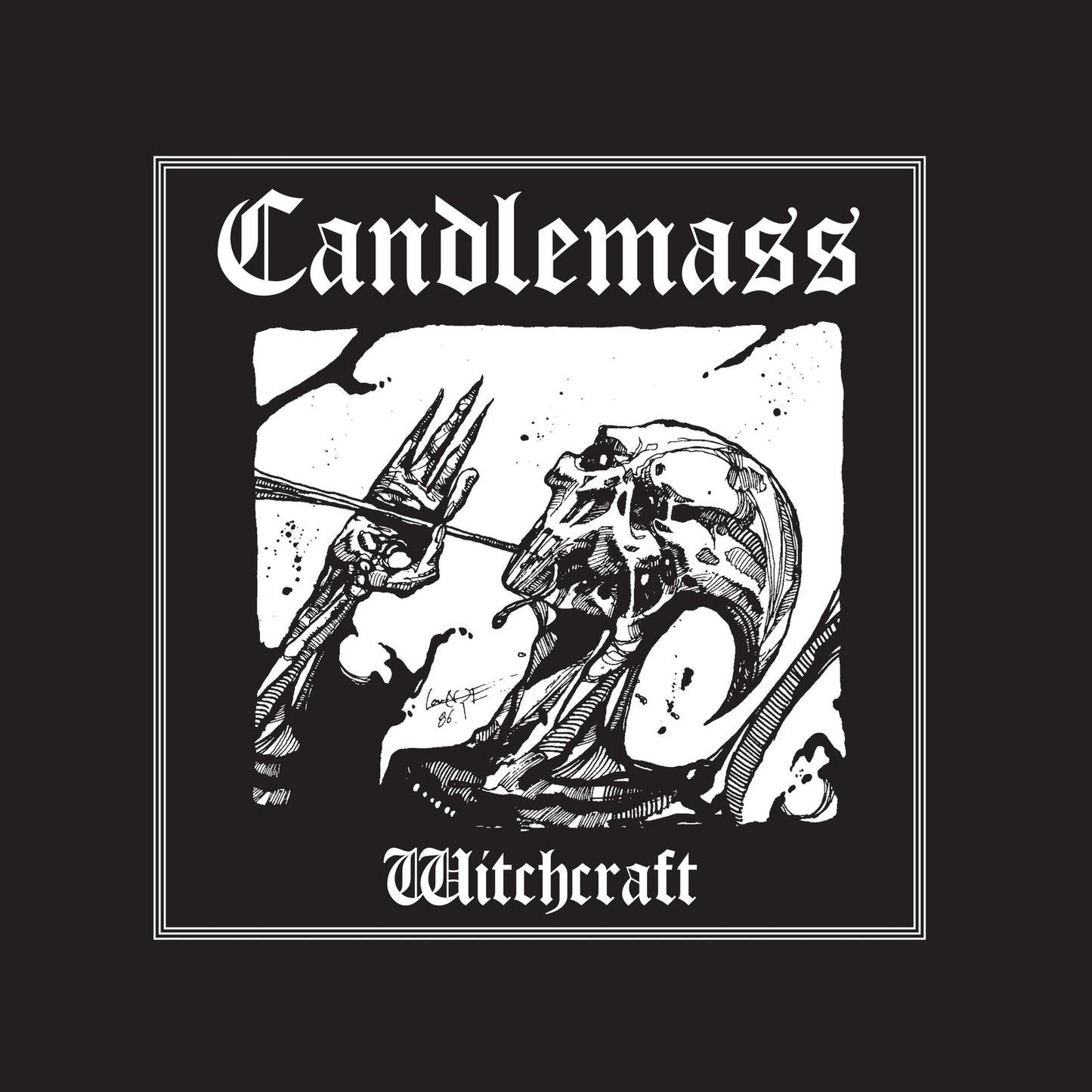 Black and white album cover for Candlemass’ “Witchcraft” with skeletal imagery.