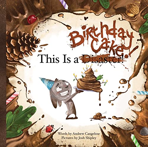 Book cover: a gray bunny looks at a messy, brown "birthday cake.