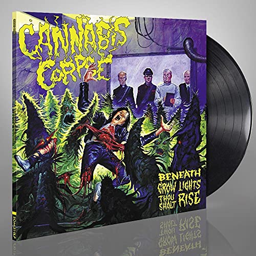 Cannabis Corpse album cover with figures among overgrown, bloody plants and vinyl record.