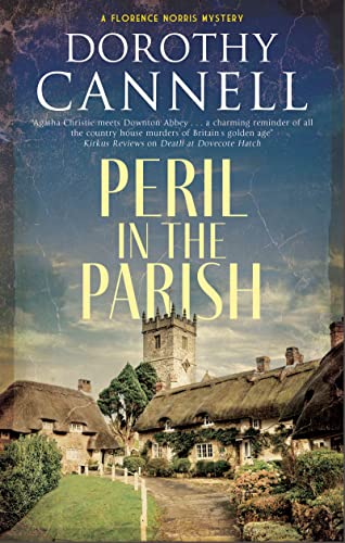 Book cover for Peril in the Parish showing a stone church and thatched cottages.