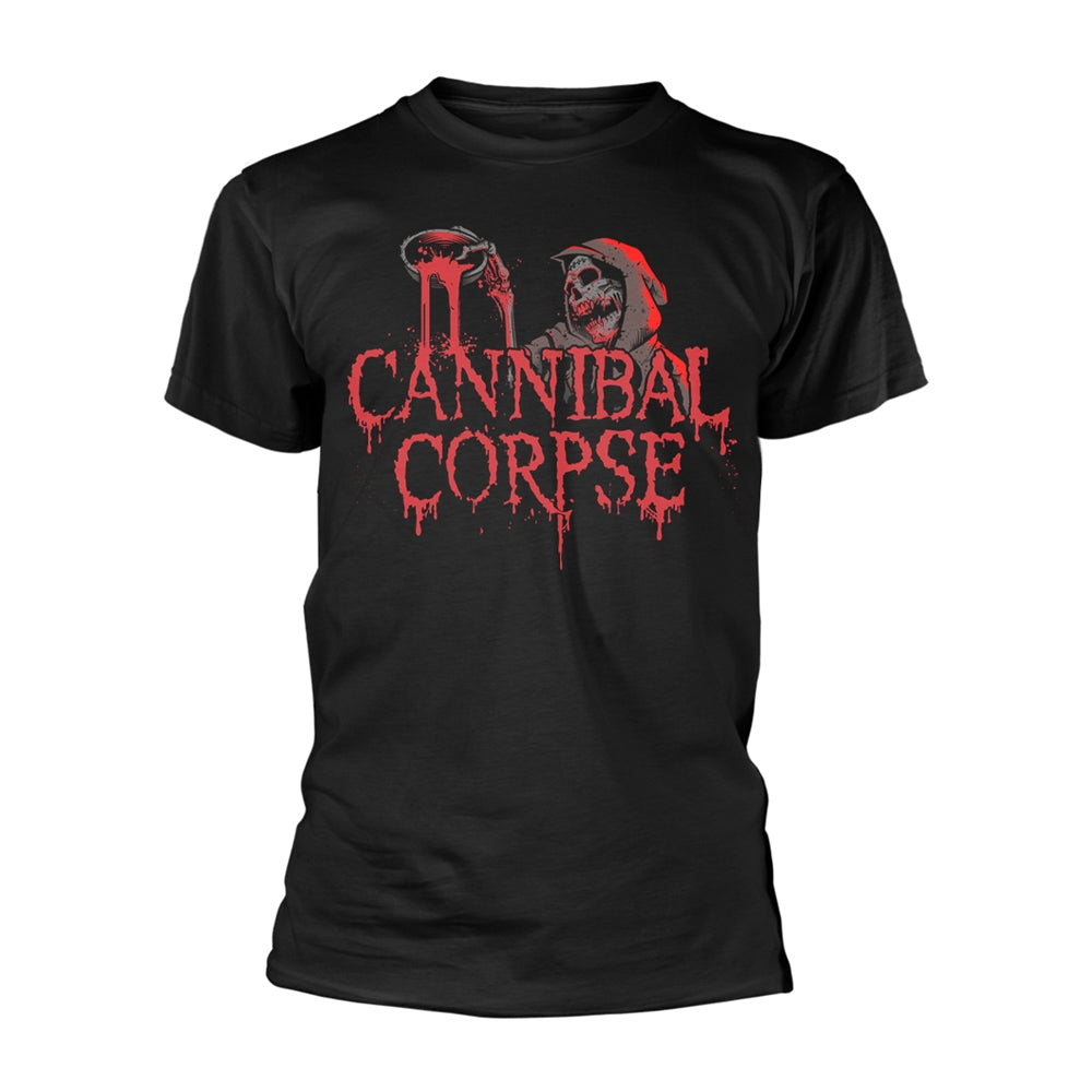 Black t-shirt with a graphic of a screaming face and blood drips.
