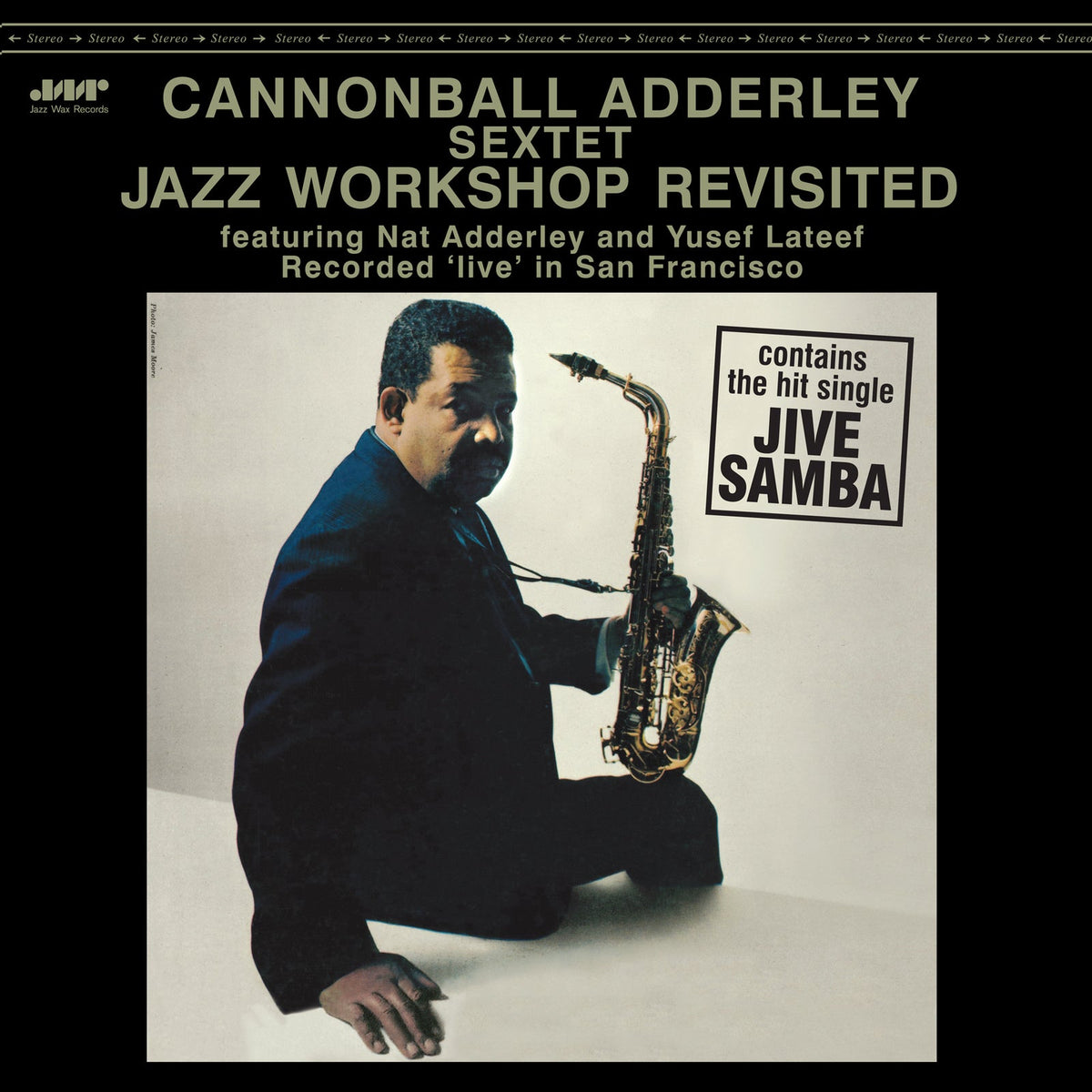 Cannonball Adderley album cover featuring a portrait of the musician with his saxophone.