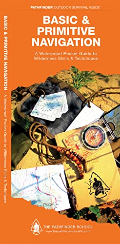Orange survival guide cover with map, compass, and outdoor gear.