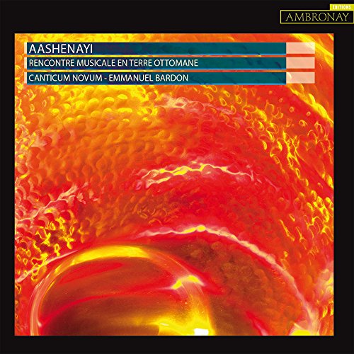 CD cover for "Canticum Novum - Aasheyani" featuring abstract red and gold textures.