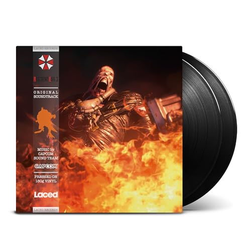 Vinyl records in sleeve with Resident Evil 3 character surrounded by flames.
