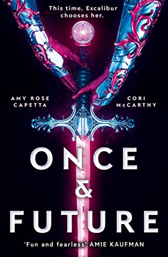 Book cover showing hands in ornate blue armor holding a glowing sword against black.