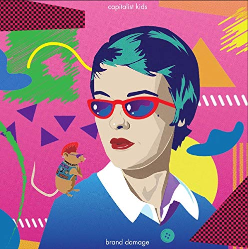Stylized portrait of a woman with red sunglasses and a punk mouse on her shoulder.