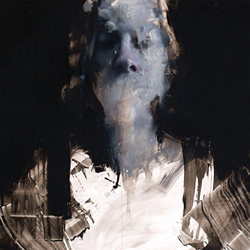 Abstract oil painting of a face partially obscured by thick, textured white brushstrokes.