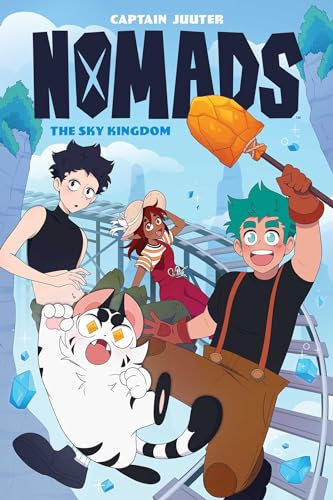 Cover of “Nomads: The Sky Kingdom” graphic novel featuring three young people and a cat.