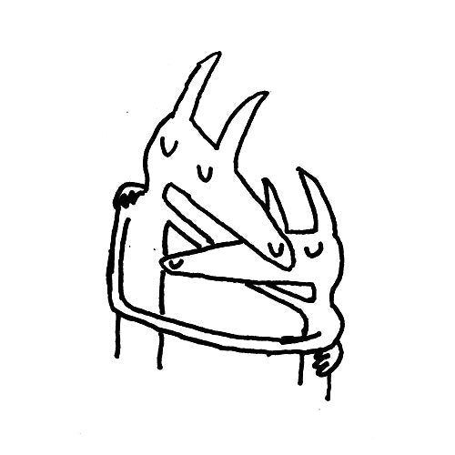 Black and white line drawing of two deer-like creatures embracing.