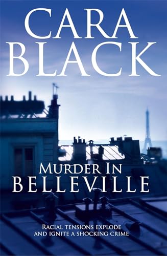 Book cover: “Murder in Belleville” by Cara Black, Paris skyline background.