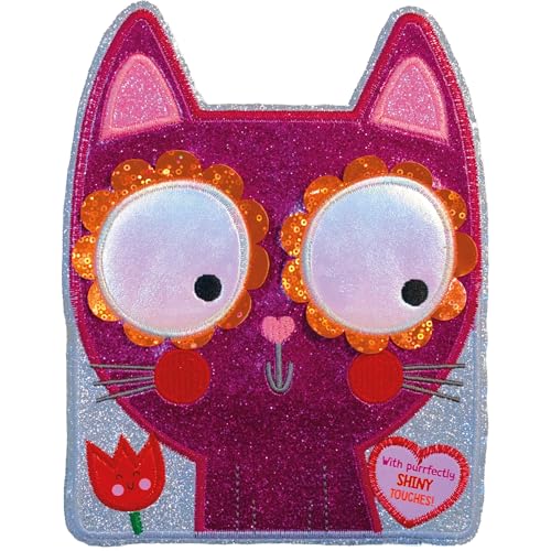 Shiny purple cat face with large, sparkly eyes and a red nose.