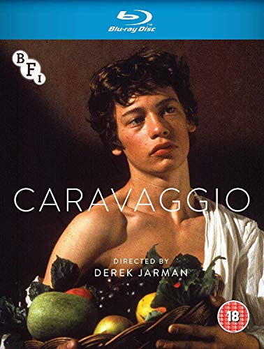 Blu-ray cover for "Caravaggio" featuring a young man and fruit.