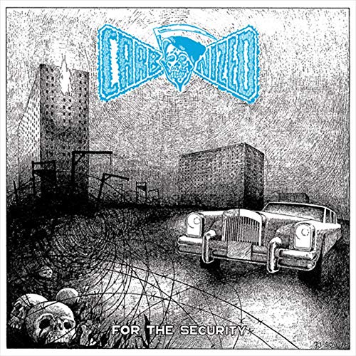 Black and white illustration of a car in front of buildings, skulls in foreground.