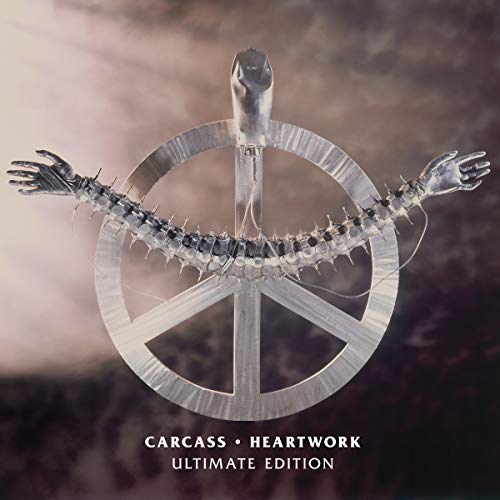 Carcass “Heartwork” album cover: metallic peace sign with skeletal spine.
