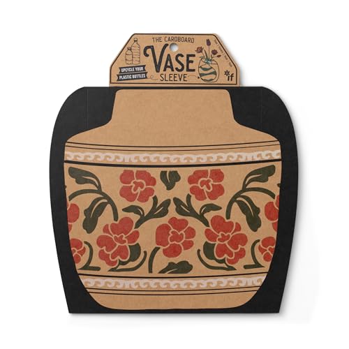 Cardboard vase sleeve with red floral pattern, hanging on a black card.