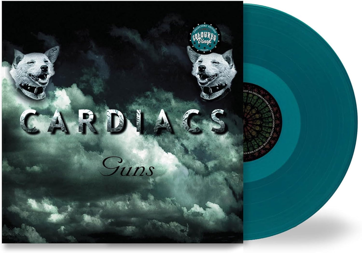 Vinyl record of Cardiacs’ “Guns” album, black sleeve with abstract artwork.