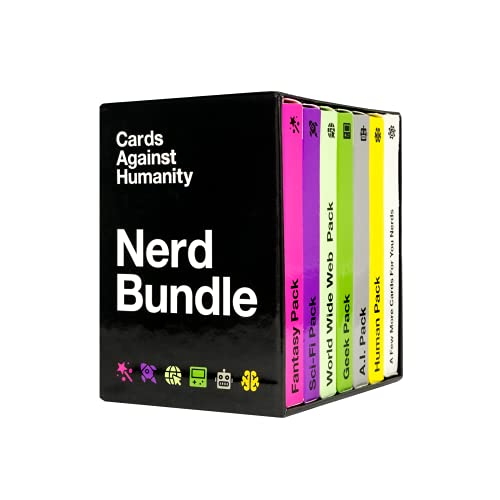 Black box with colorful Cards Against Humanity Nerd Bundle expansion packs.