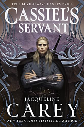 Book cover: a man with a sword, ornate silver designs, dark background.
