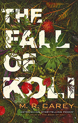 Book cover for "The Fall of Koli" with lush green foliage and red flowers.