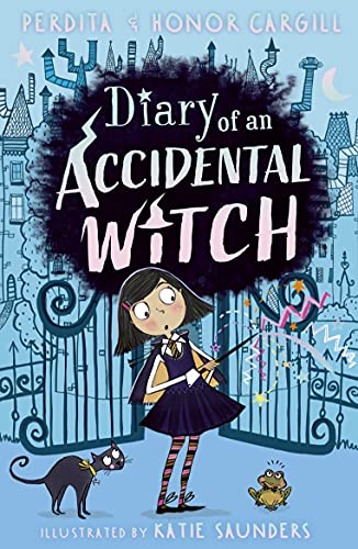 Book cover featuring a girl holding a wand, a cat, and a frog.