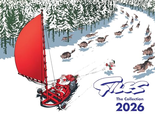 Cartoon of Santa sailing on snow pulled by dogs, “Giles 2026” text.
