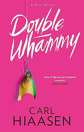 Book cover: "Double Whammy" with a pink background and a fish on a hook.
