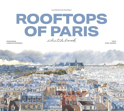 Watercolor painting of Parisian rooftops and cityscape on sketchbook cover.