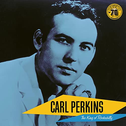 Close-up portrait of Carl Perkins, a singer, on a vinyl record cover.