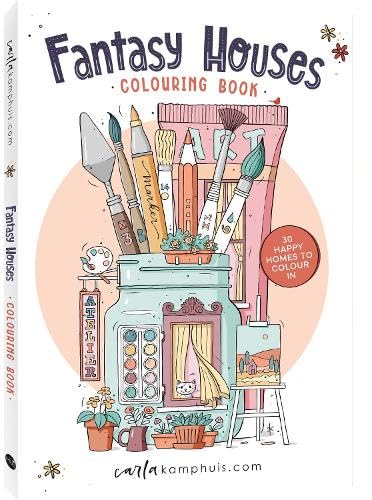 Fantasy Houses" coloring book cover with art supplies and whimsical illustrations.