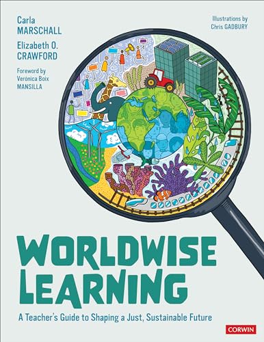 Book cover: magnifying glass over Earth illustration, text “Worldwise Learning”.