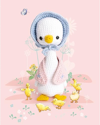 Crochet Jemima Puddle-Duck toy wearing a blue bonnet and pink shawl with small ducklings.