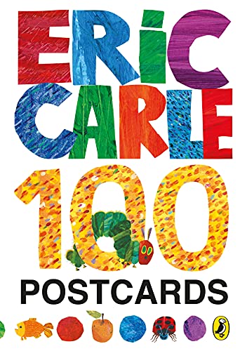 Colorful text "Eric Carle 100 Postcards" with illustrations, including a caterpillar.