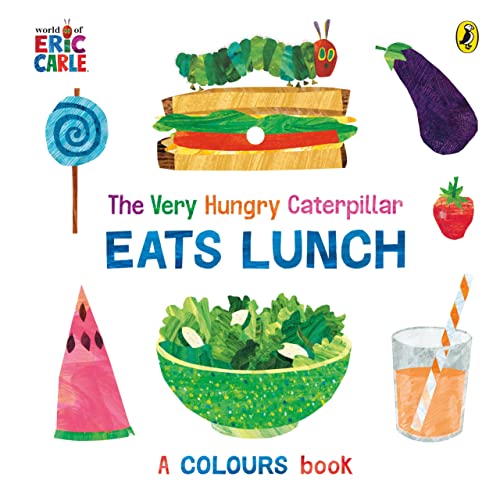 Book cover: caterpillar with lunch—lollipop, sandwich, salad, and fruit.