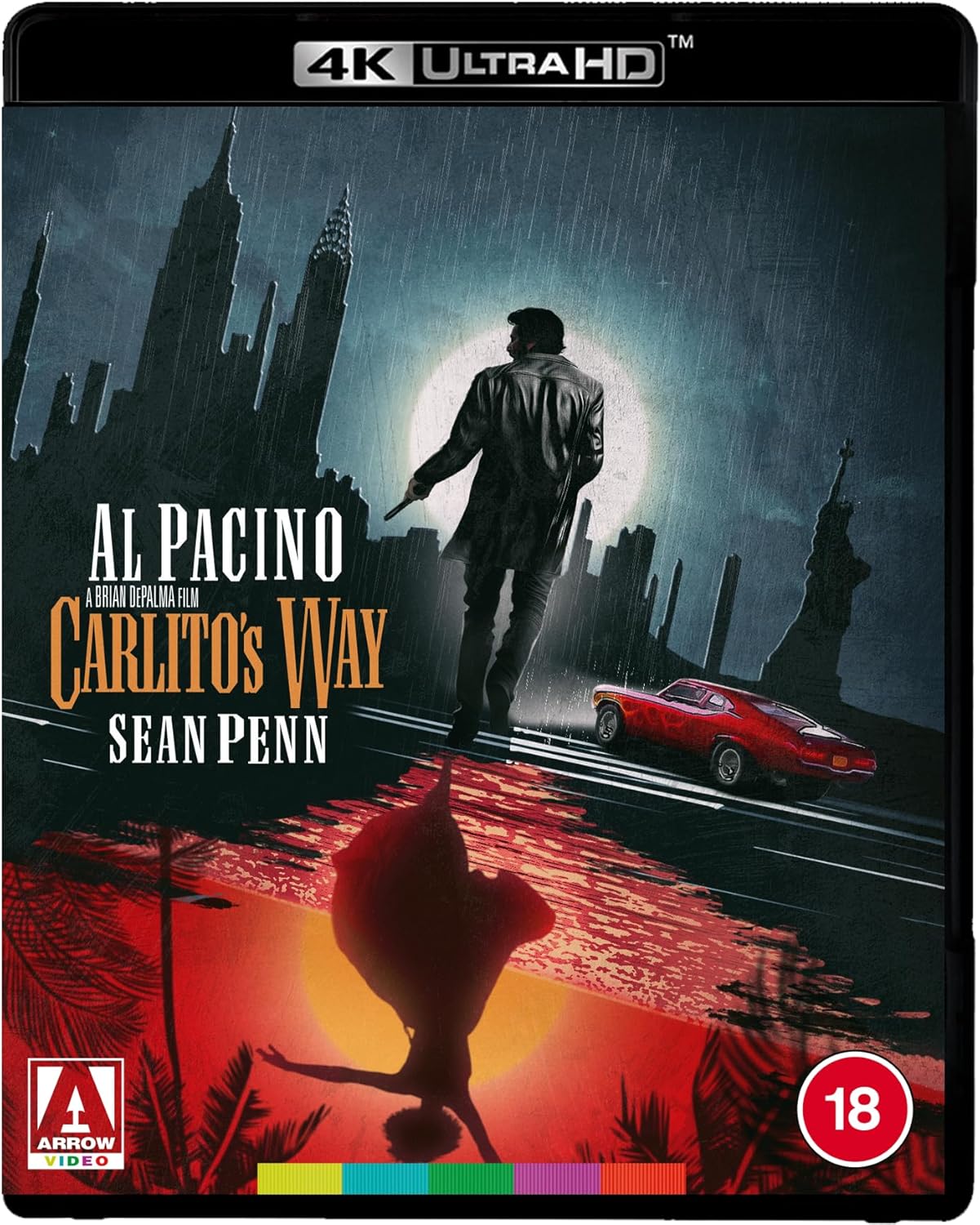 Carlito's Way" Blu-ray cover featuring Al Pacino with a gun in the rain.