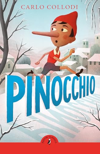 Book cover illustration of Pinocchio running through a snowy village with large blue text.