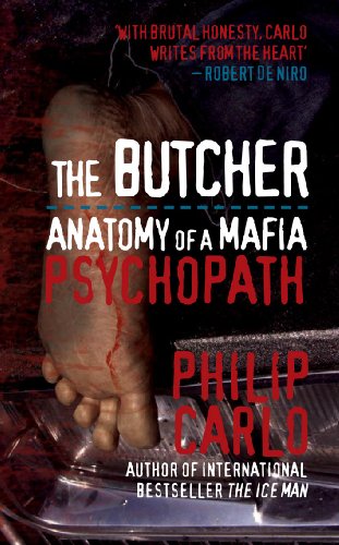 Book cover: “The Butcher,” featuring a foot and bloody hand, dark background.