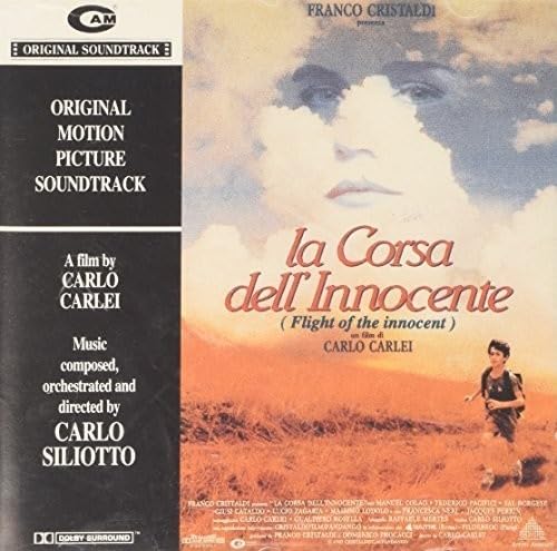 CD cover for "La Corsa Dell'innocente" soundtrack with a woman’s face and running boy.