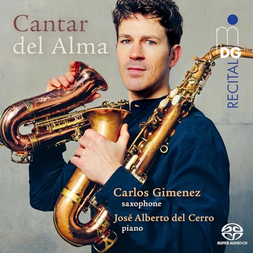 CD cover featuring a man with a saxophone, text “Cantar del Alma”.