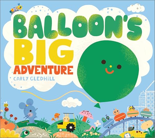 Green balloon with a smiling face, whimsical landscape, and small animals.
