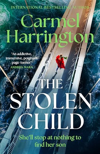 Book cover: a woman in red runs across a suspension bridge over water.