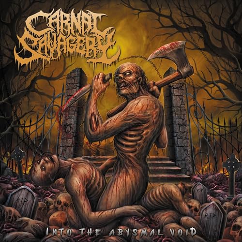 A grotesque figure with an axe stands over a body in a graveyard.