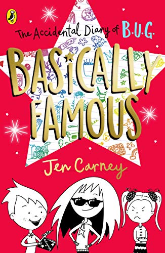 Book cover with cartoon children and bold, glittery title: "Basically Famous".