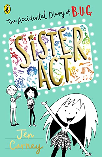 Book cover with illustrated text "Sister Act" and a joyful girl.