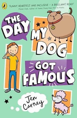 Book cover illustration featuring a boy, a round brown dog, and a pink poodle.