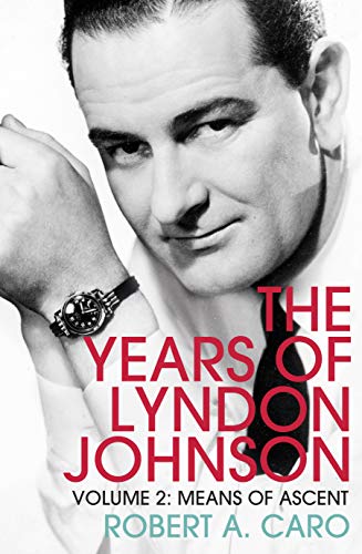Black and white portrait of Lyndon Johnson with book title text overlaid in red.
