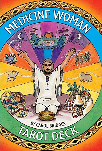 Tarot deck cover with a central figure and colorful, symbolic imagery.