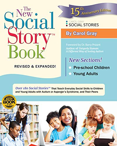 Book cover for The New Social Story Book by Carol Gray with three photos.