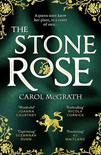 Book cover: dark green with white title "The Stone Rose" and gold floral details.