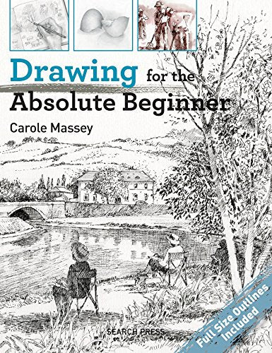 Book cover: "Drawing for the Absolute Beginner" with a landscape sketch.